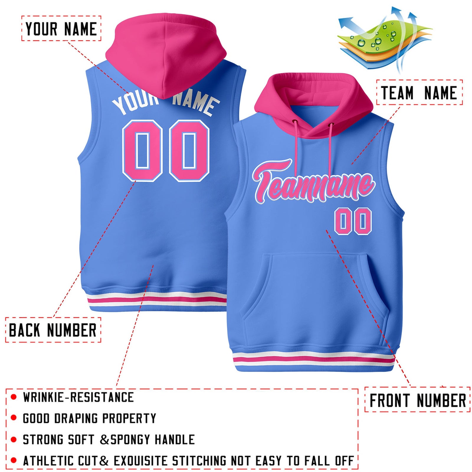 Custom Powder Blue Pink White sleeveless Classic style Hoodie| KXKSHOP