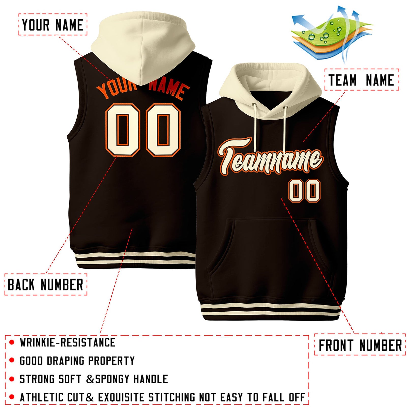 Custom Brown Cream Orange sleeveless Classic style Hoodie| KXKSHOP