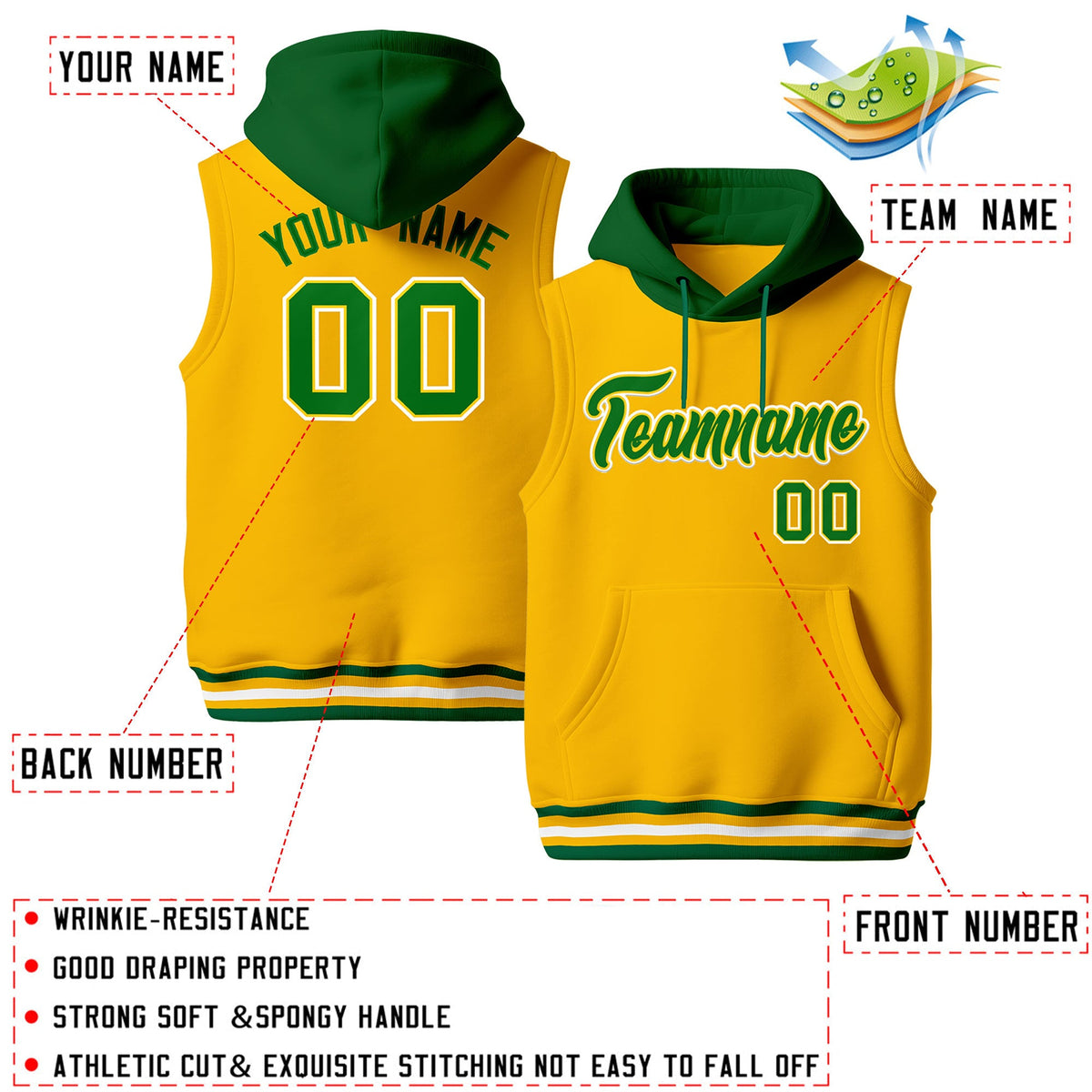 Custom Gold Kelly Green White sleeveless Classic style Hoodie| KXKSHOP