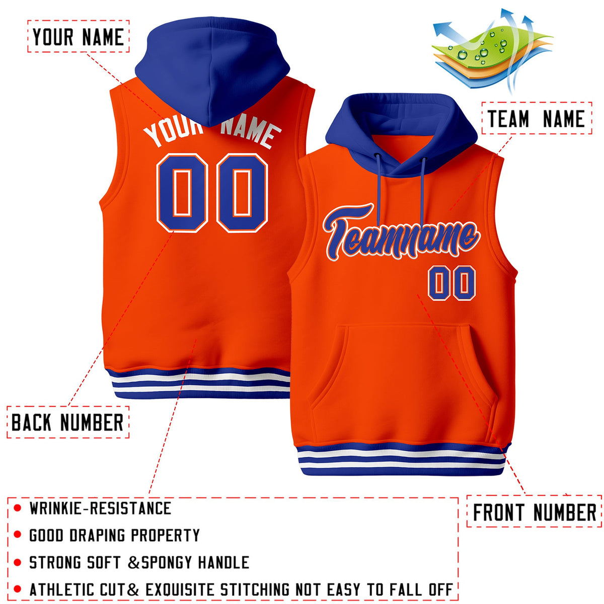 Custom Orange Royal Blue White sleeveless Classic style Hoodie| KXKSHOP