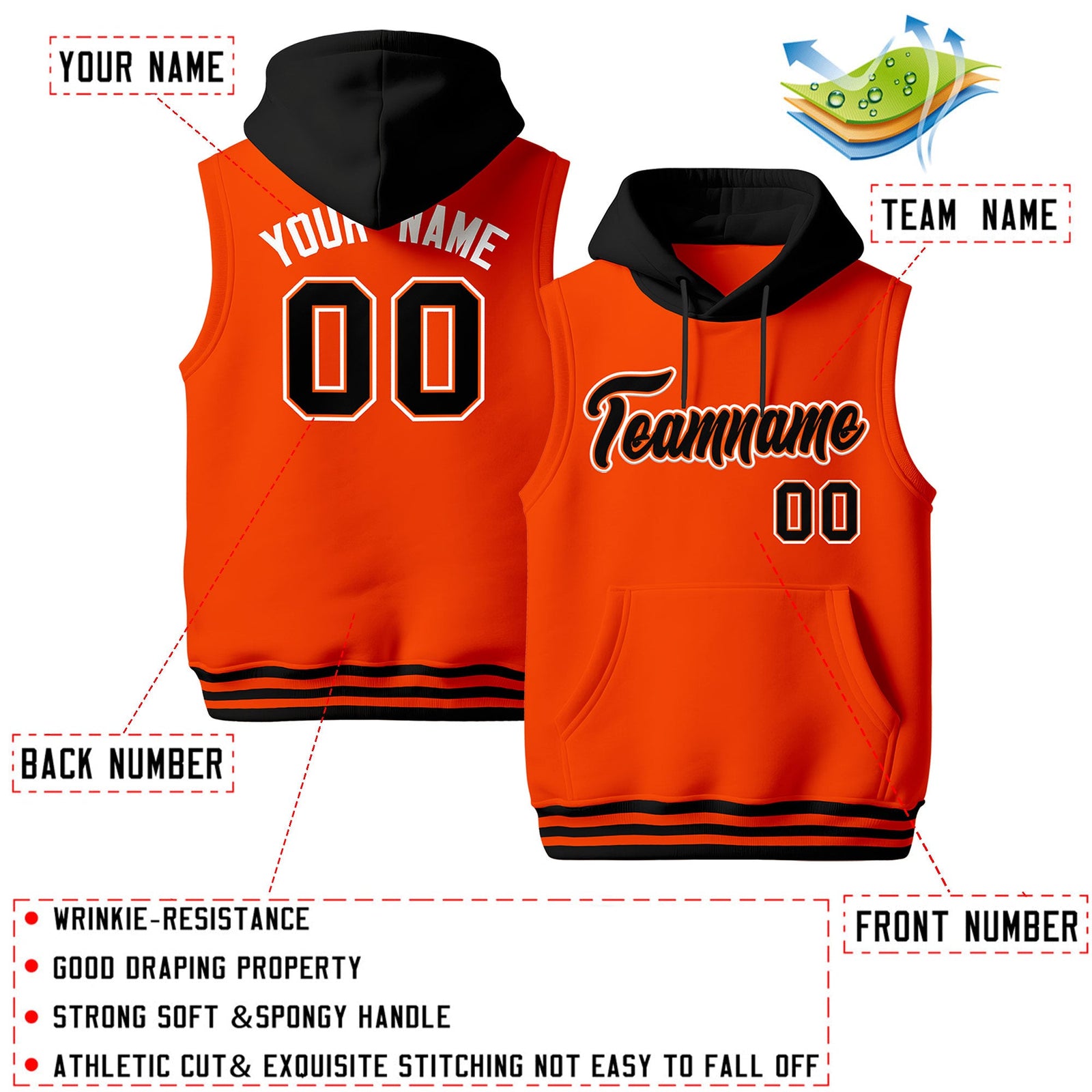Custom Orange Black White sleeveless Classic style Hoodie| KXKSHOP