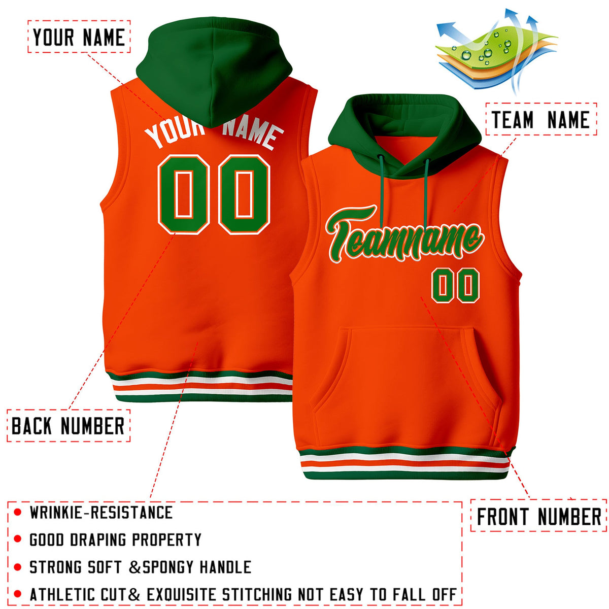 Custom Orange Kelly Green White sleeveless Classic style Hoodie| KXKSHOP