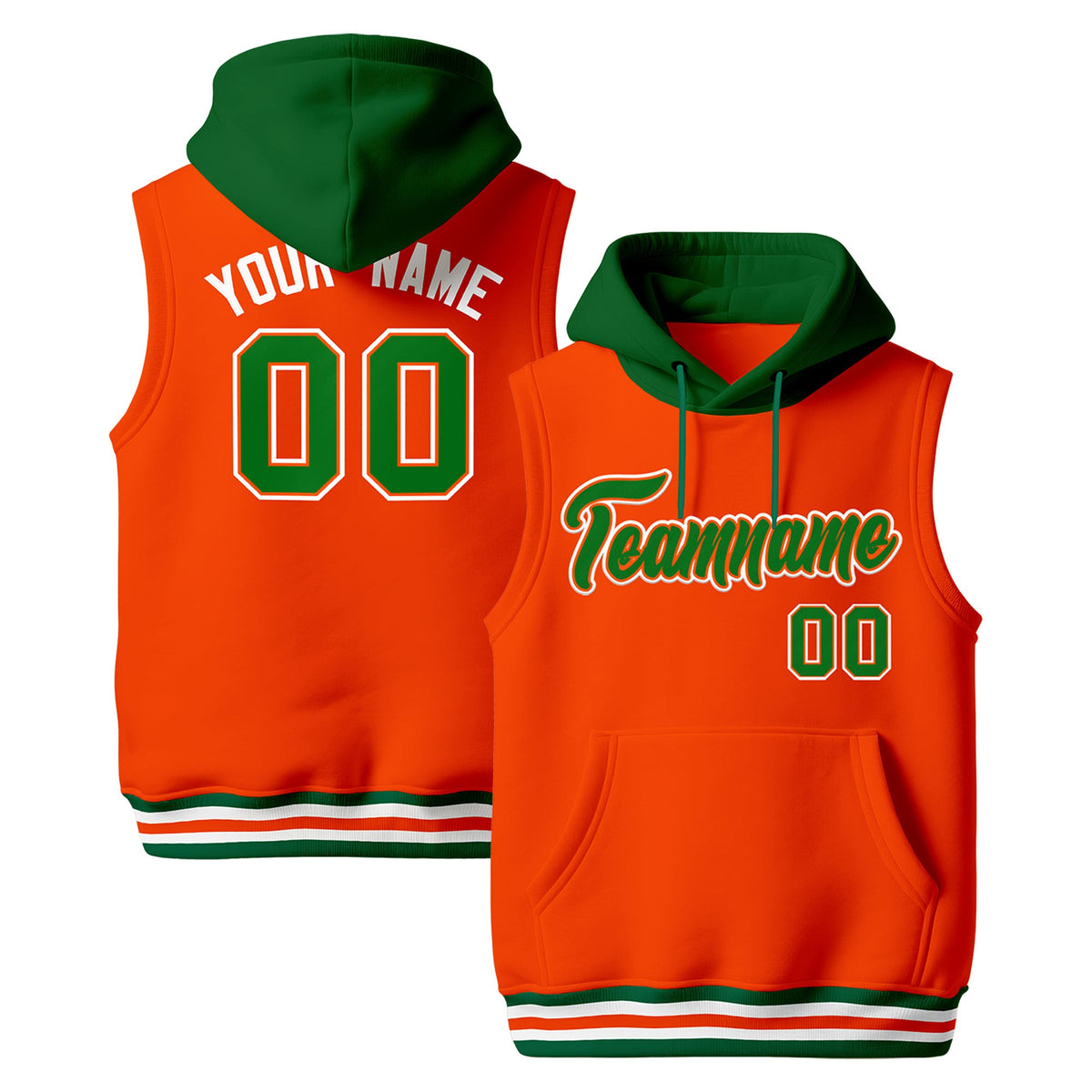 Custom Orange Kelly Green White sleeveless Classic style Hoodie| KXKSHOP