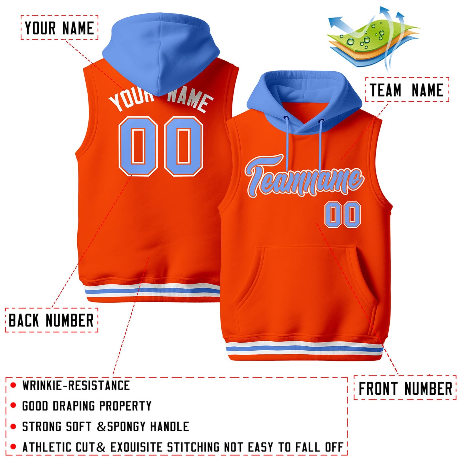Custom Orange Powder Blue White sleeveless Classic style Hoodie| KXKSHOP