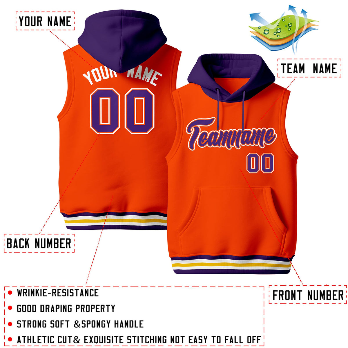 Custom Orange Purple White sleeveless Classic style Hoodie| KXKSHOP