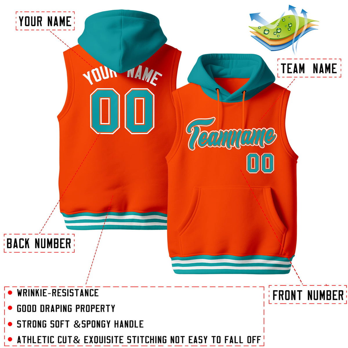 Custom Orange Aqua White sleeveless Classic style Hoodie| KXKSHOP
