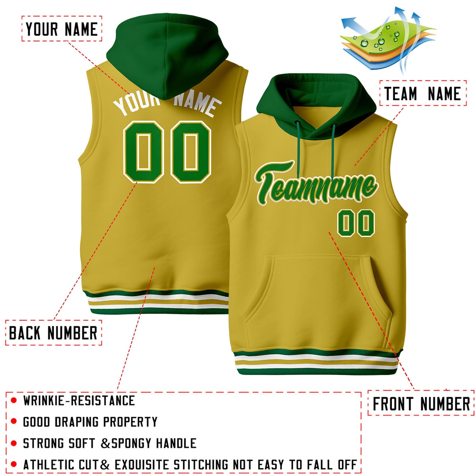 Custom Old Gold Kelly Green White sleeveless Classic style Hoodie| KXKSHOP