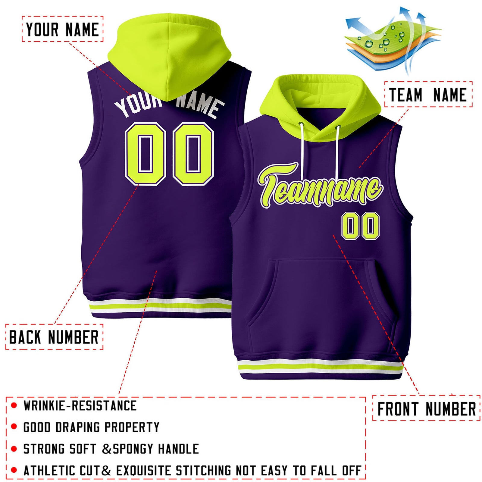 Custom Purple Fluorescent Green White sleeveless Classic style Hoodie| KXKSHOP