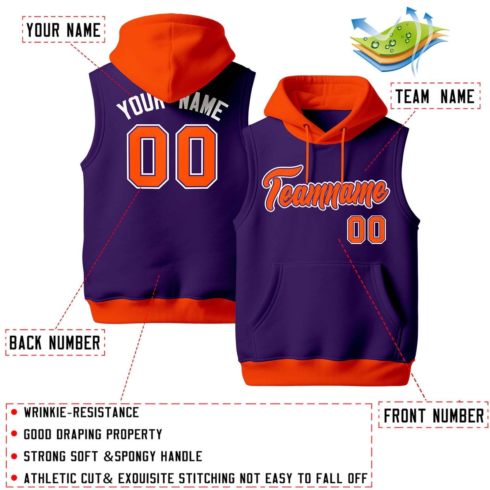 Custom Purple Orange White sleeveless Classic style Hoodie| KXKSHOP
