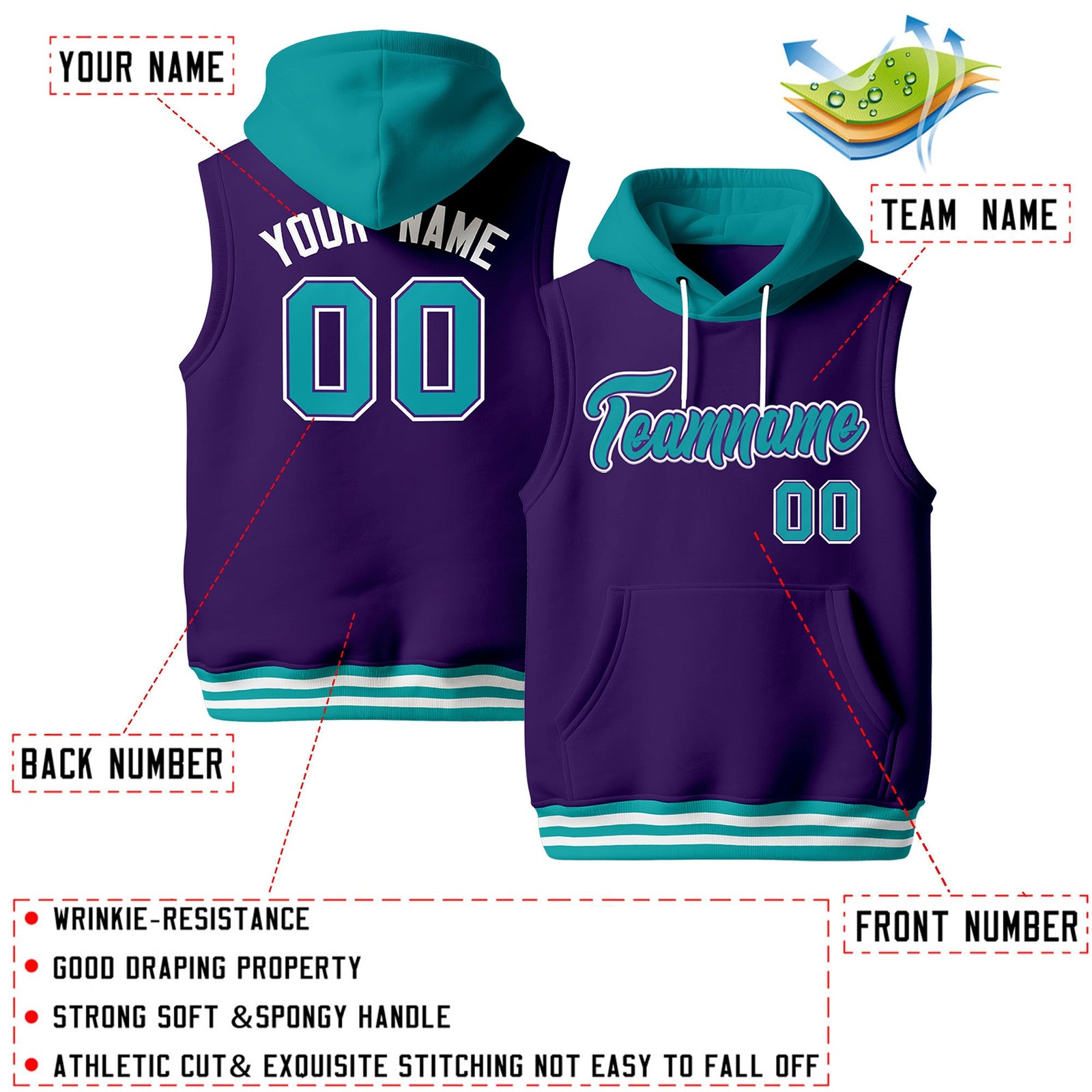 Custom Purple Aqua White sleeveless Classic style Hoodie| KXKSHOP