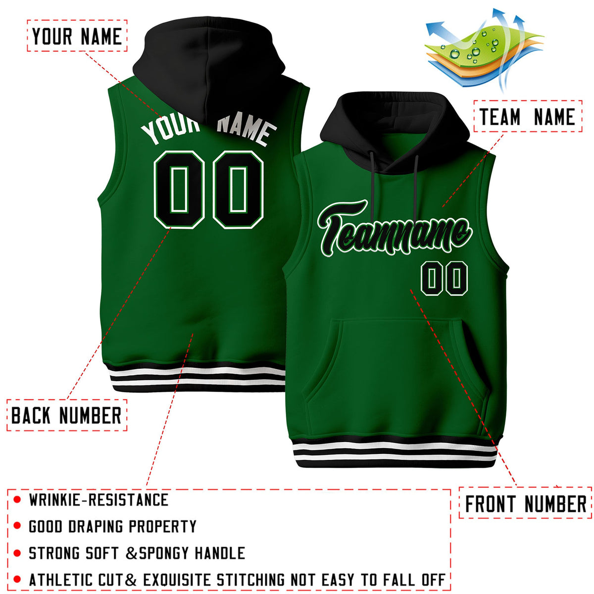 Custom Kelly Green Black White sleeveless Classic style Hoodie| KXKSHOP