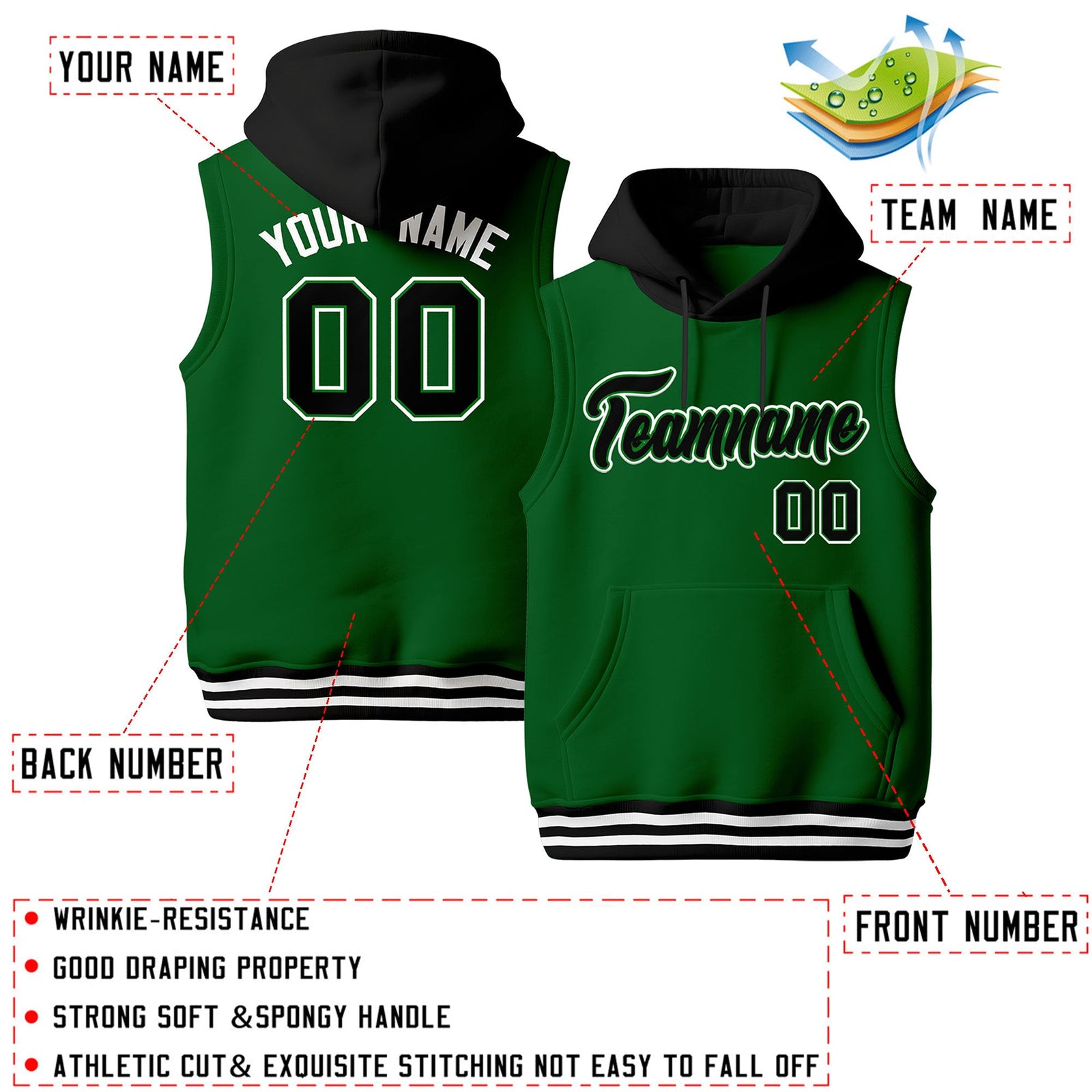 Custom Kelly Green Black White sleeveless Classic style Hoodie| KXKSHOP