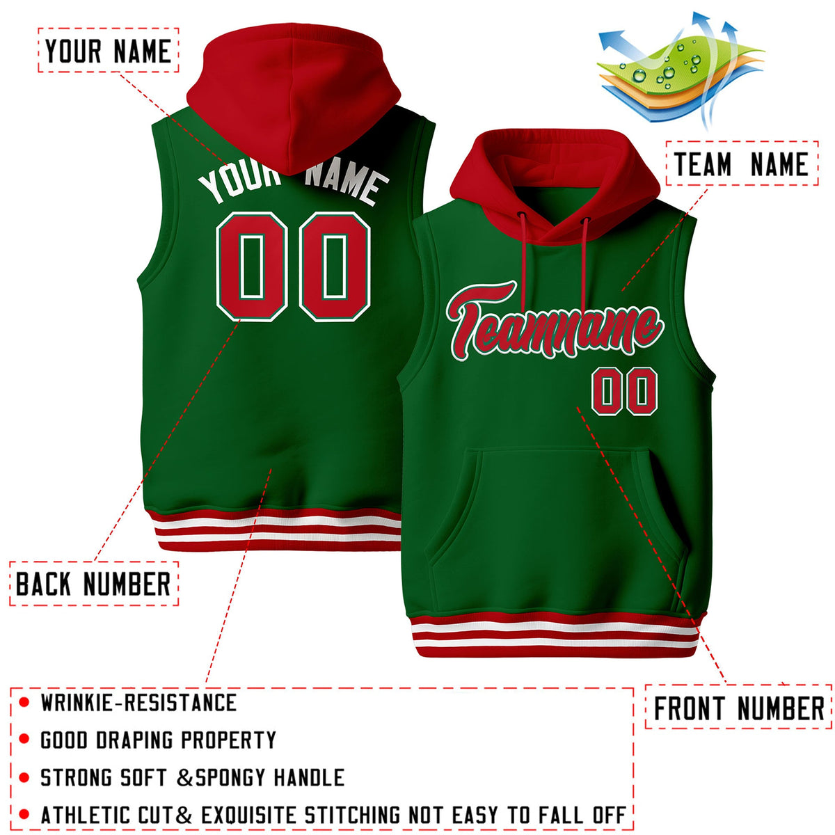 Custom Kelly Green Red White sleeveless Classic style Hoodie| KXKSHOP