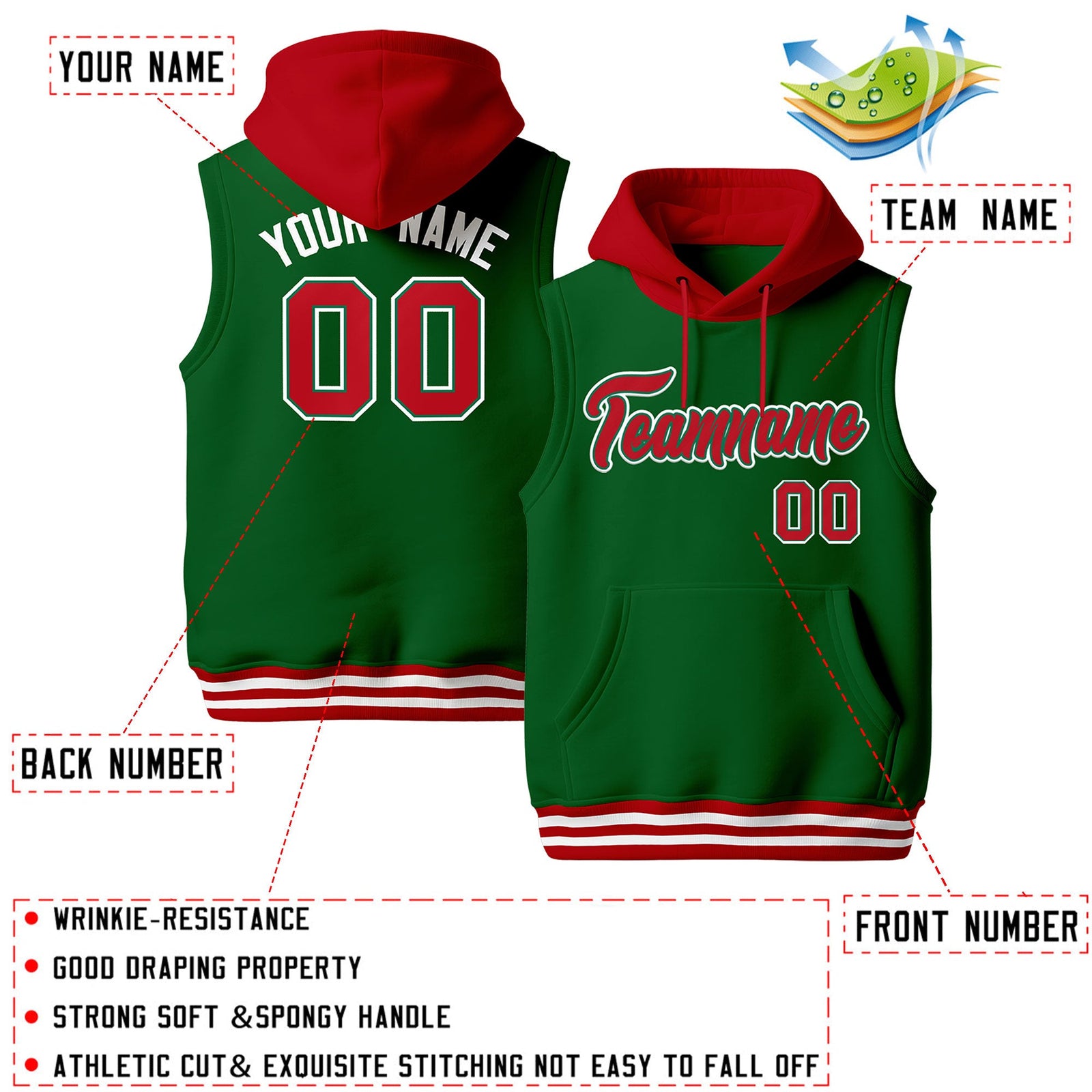 Custom Kelly Green Red White sleeveless Classic style Hoodie| KXKSHOP