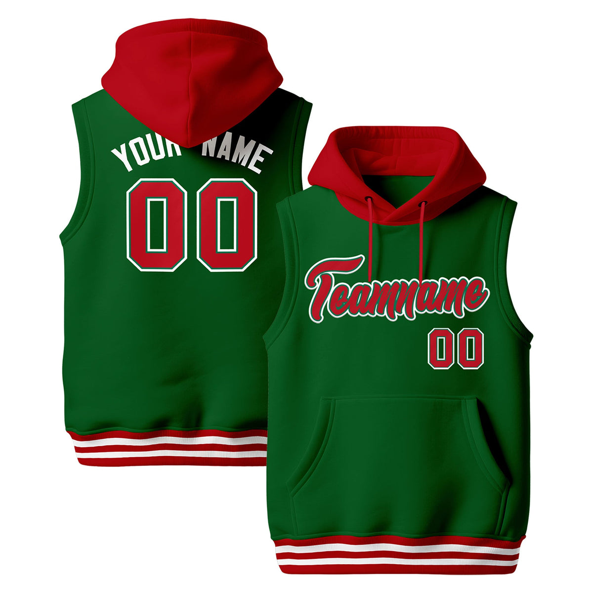 Custom Kelly Green Red White sleeveless Classic style Hoodie| KXKSHOP