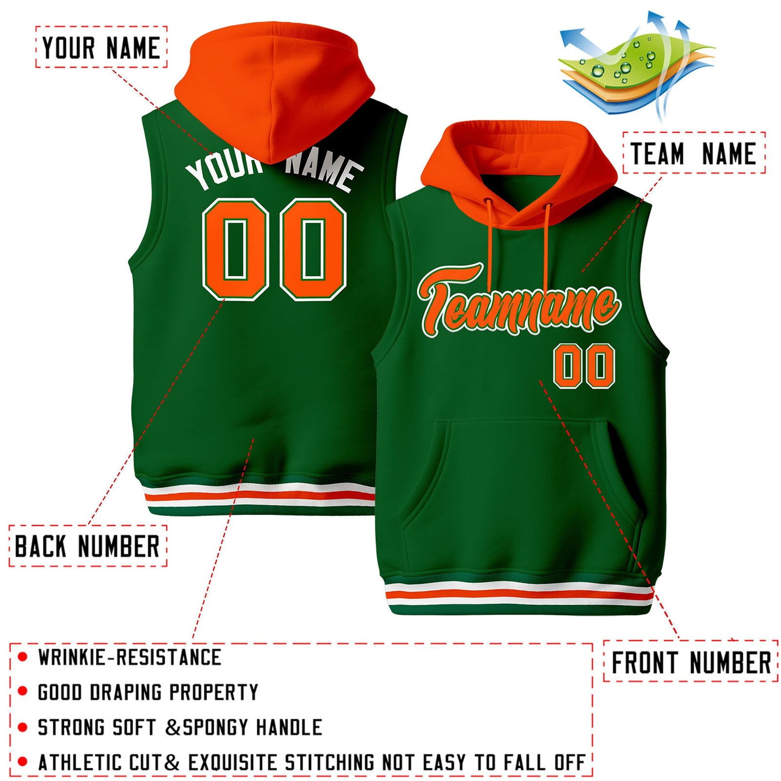 Custom Kelly Green Orange White sleeveless Classic style Hoodie| KXKSHOP