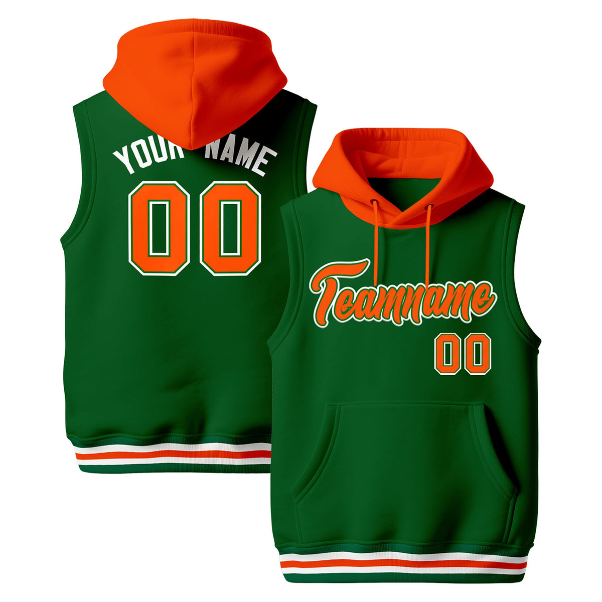 Custom Kelly Green Orange White sleeveless Classic style Hoodie| KXKSHOP