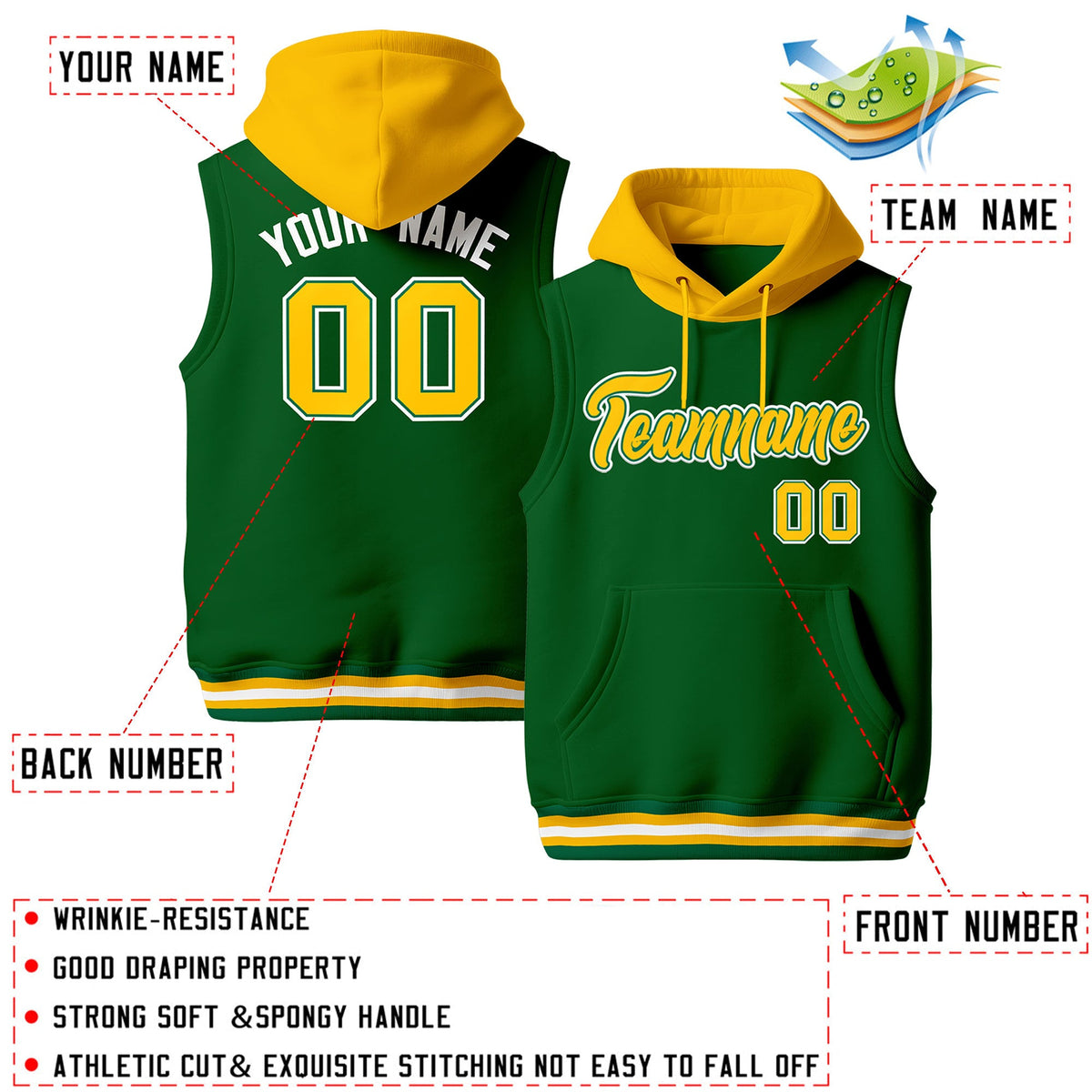 Custom Kelly Green Gold White sleeveless Classic style Hoodie| KXKSHOP