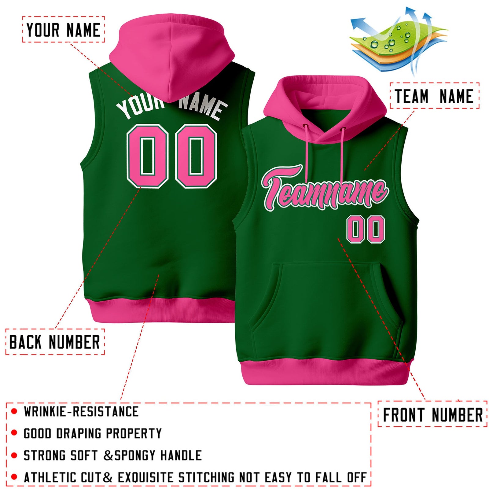 Custom Kelly Green Pink White sleeveless Classic style Hoodie| KXKSHOP