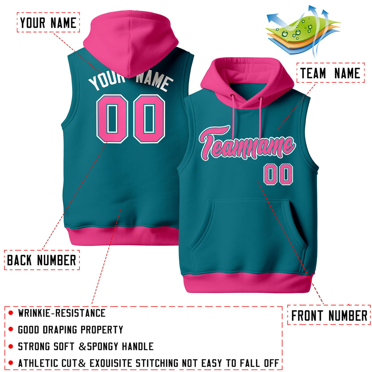 Custom Teal Pink White sleeveless Classic style Hoodie| KXKSHOP