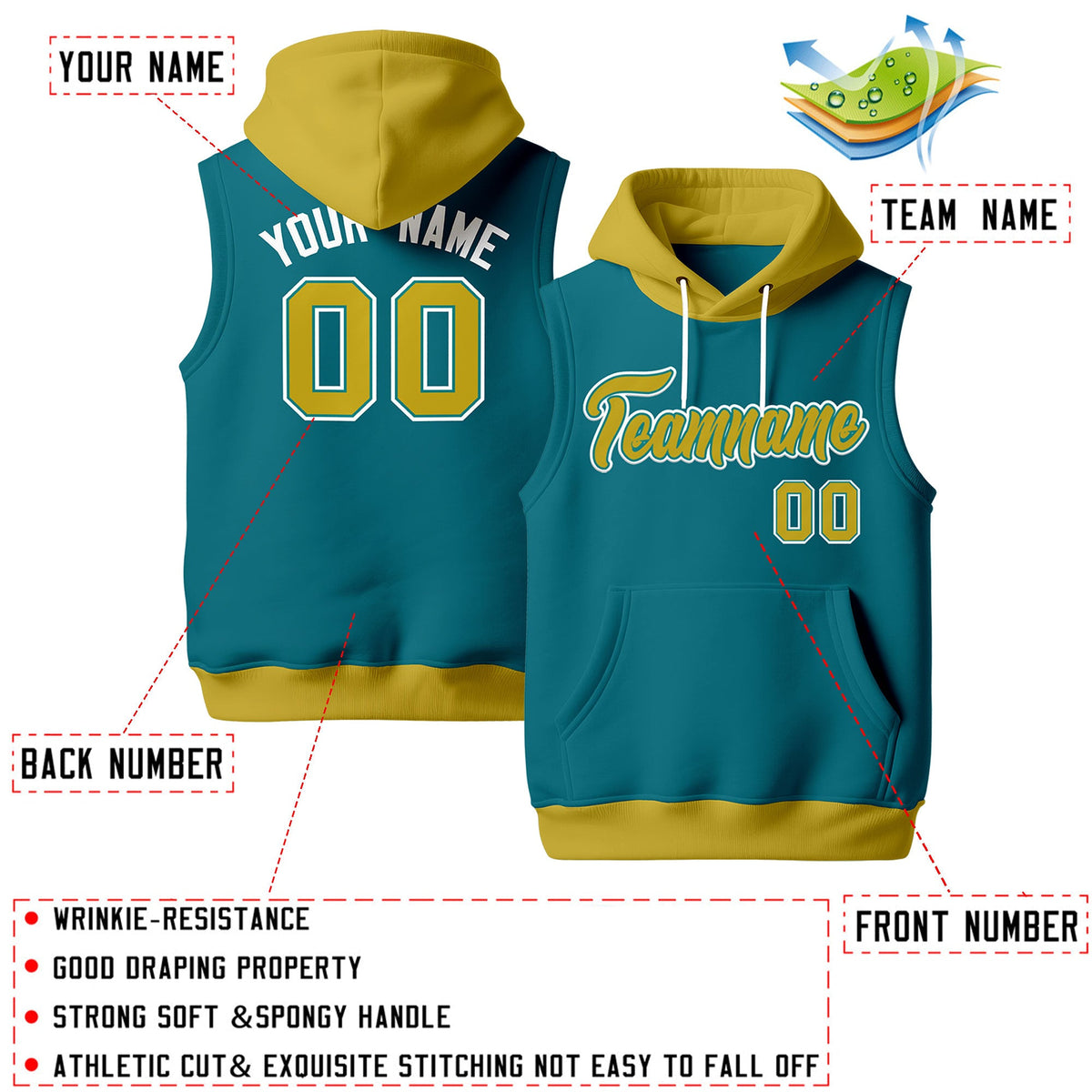 Custom Teal Old Gold White sleeveless Classic style Hoodie| KXKSHOP