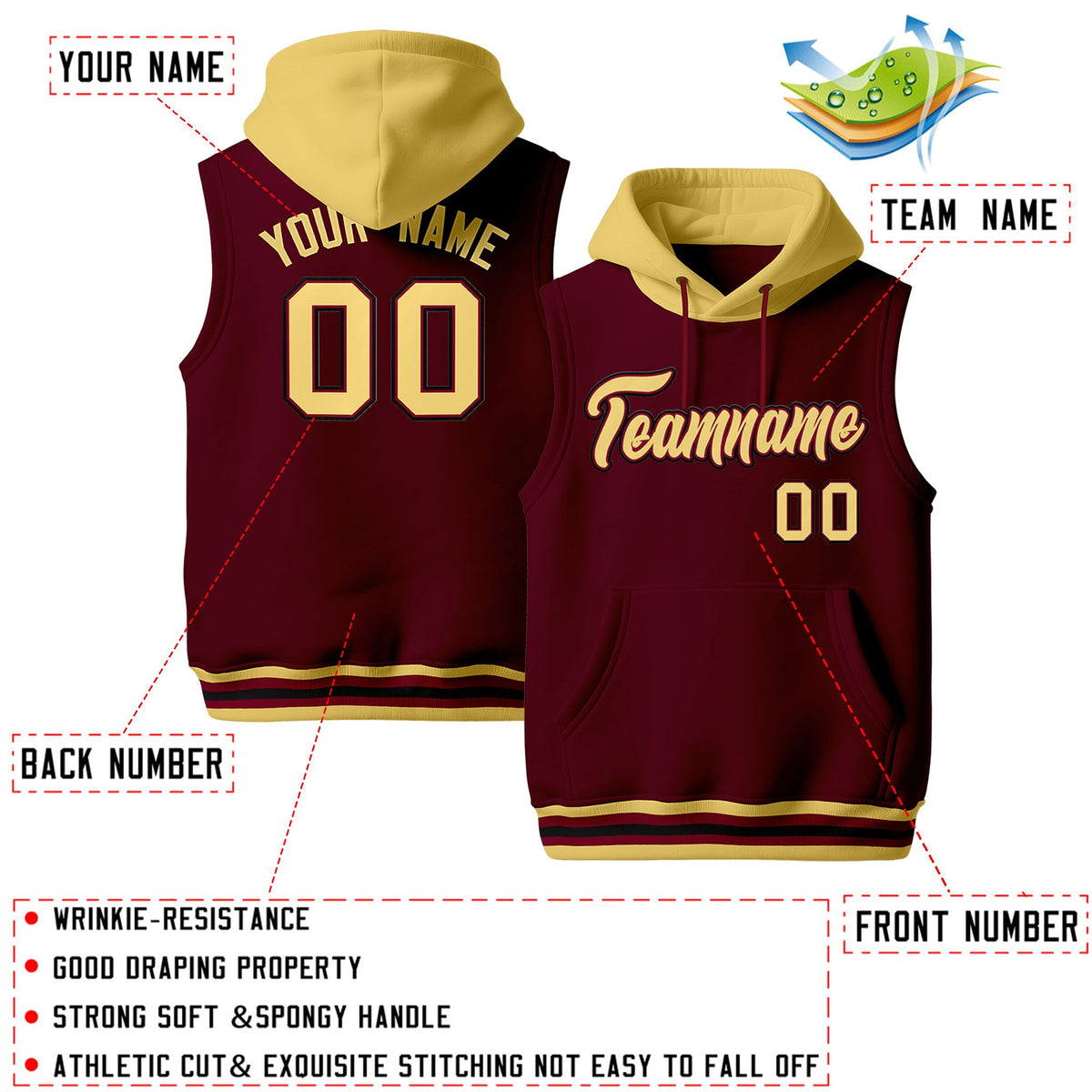 Custom Crimson Khaki Black sleeveless Classic style Hoodie| KXKSHOP