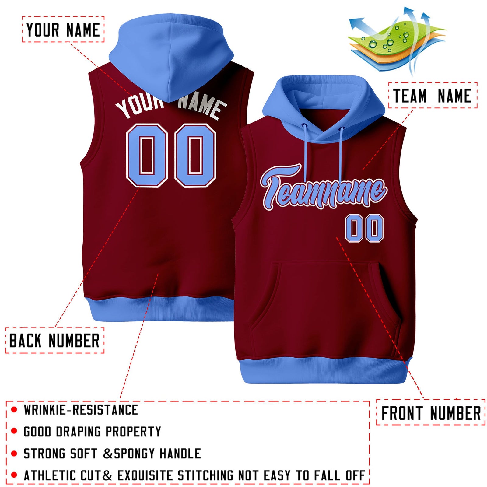 Custom Crimson Powder Blue White sleeveless Classic style Hoodie| KXKSHOP