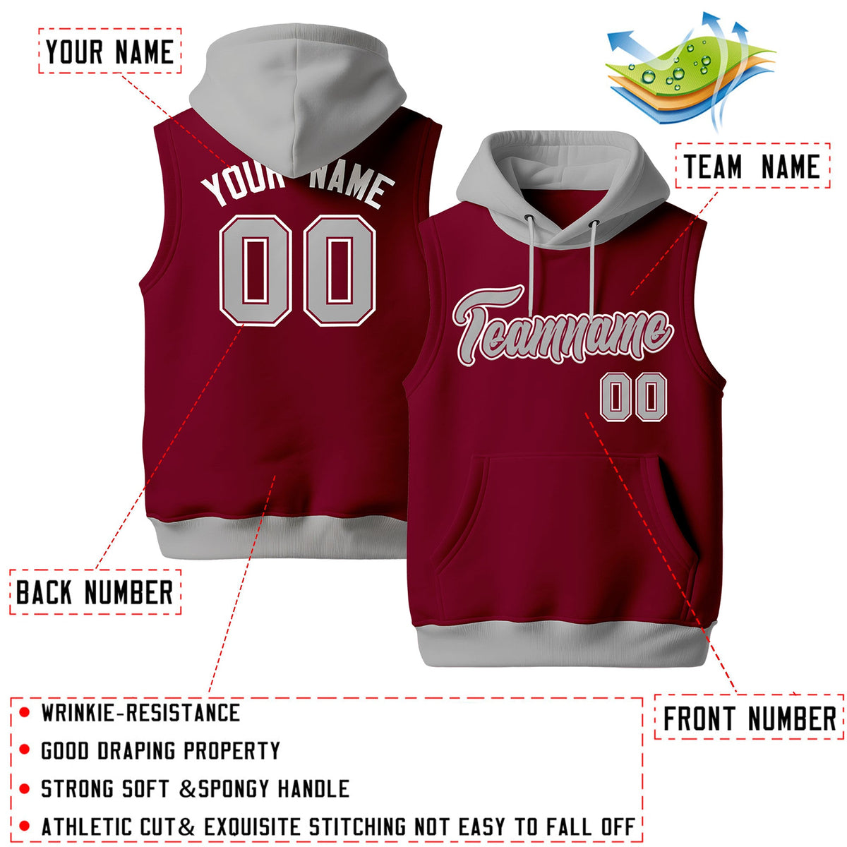 Custom Crimson Gray White sleeveless Classic style Hoodie| KXKSHOP