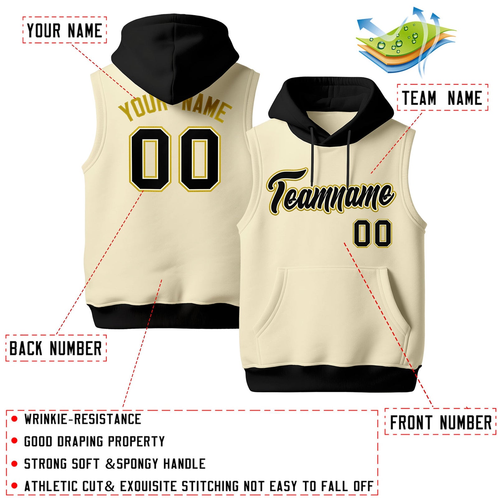 Custom Cream Black Old Gold sleeveless Classic style Hoodie| KXKSHOP