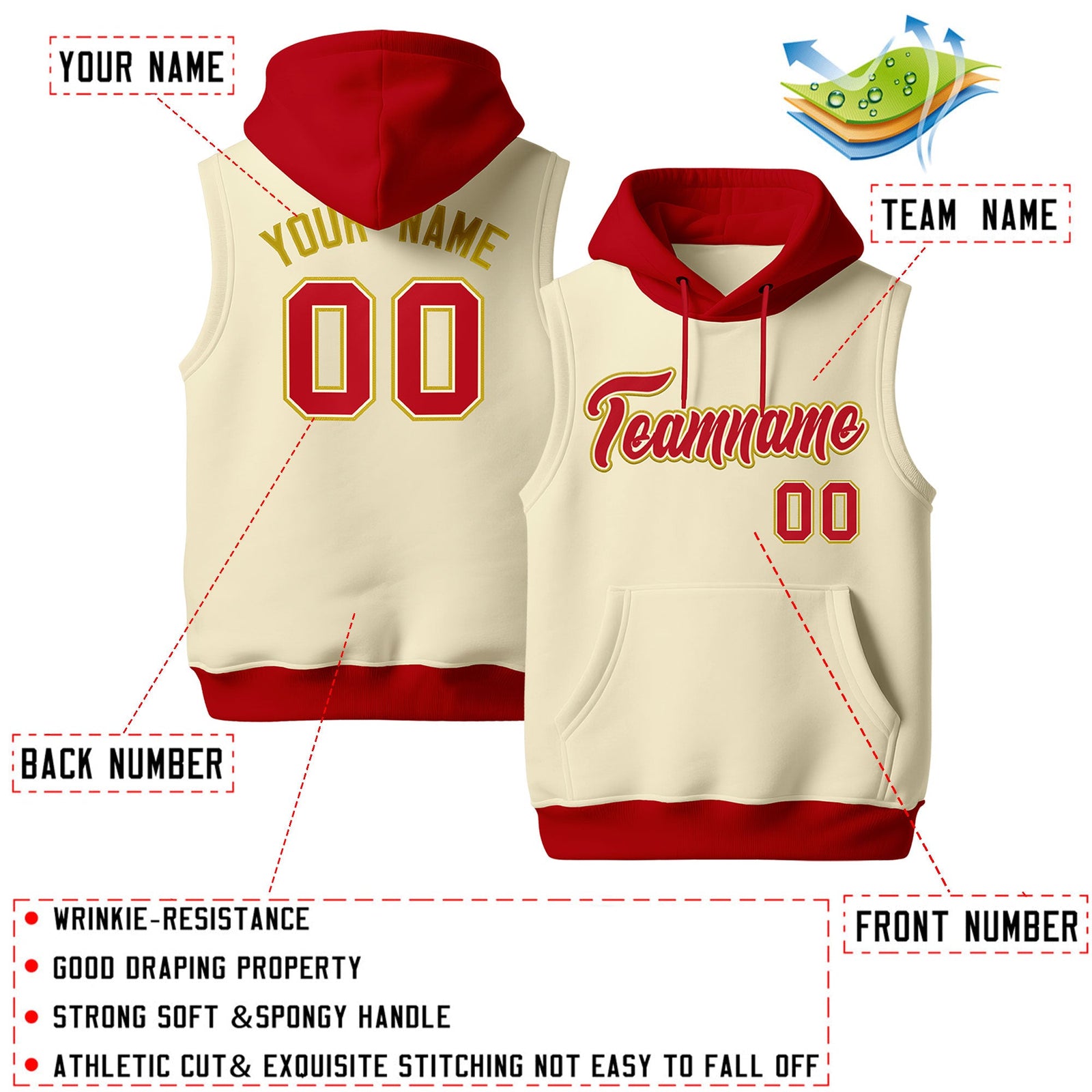 Custom Cream Red Old Gold sleeveless Classic style Hoodie| KXKSHOP