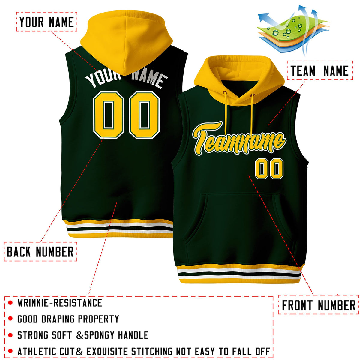 Custom Green Gold White sleeveless Classic style Hoodie| KXKSHOP