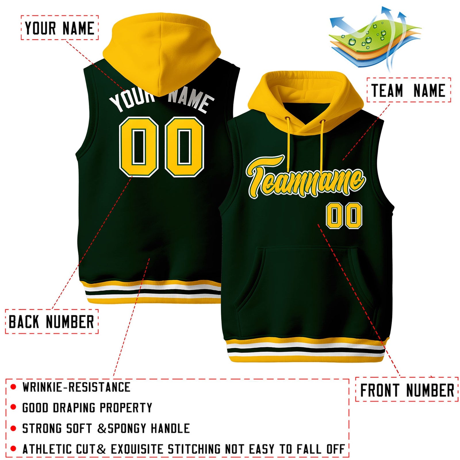 Custom Green Gold White sleeveless Classic style Hoodie| KXKSHOP