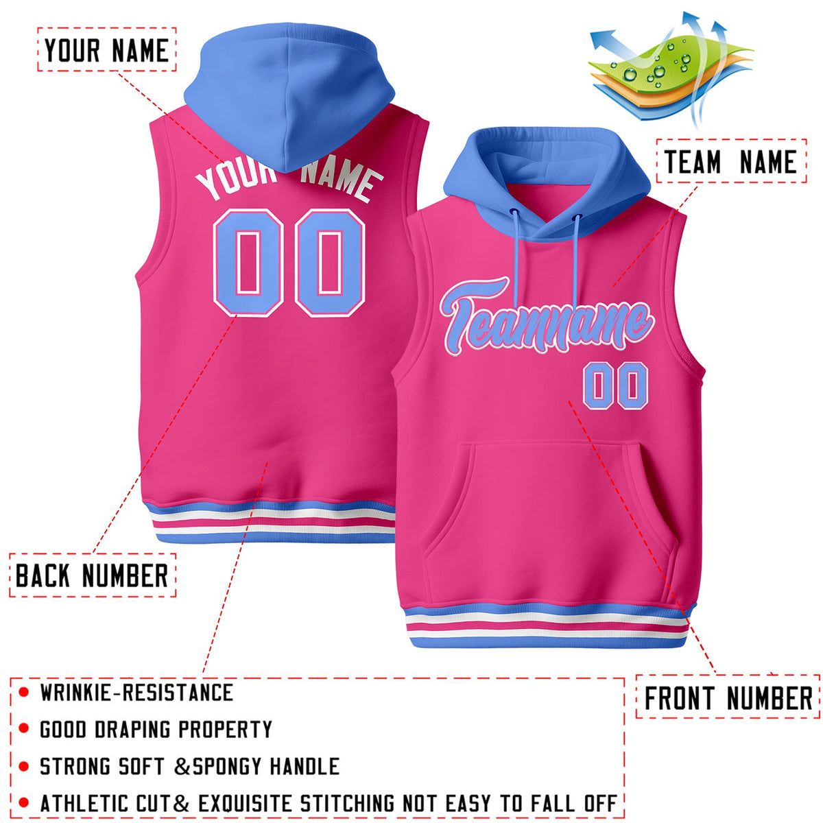 Custom Pink Powder Blue White sleeveless Classic style Hoodie| KXKSHOP