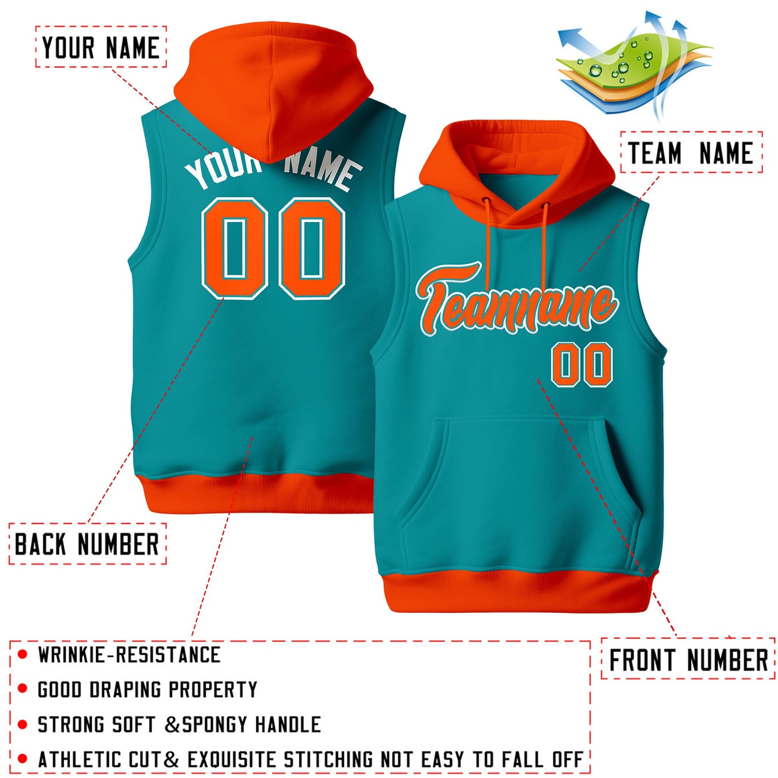 Custom Aqua Orange White sleeveless Classic style Hoodie| KXKSHOP