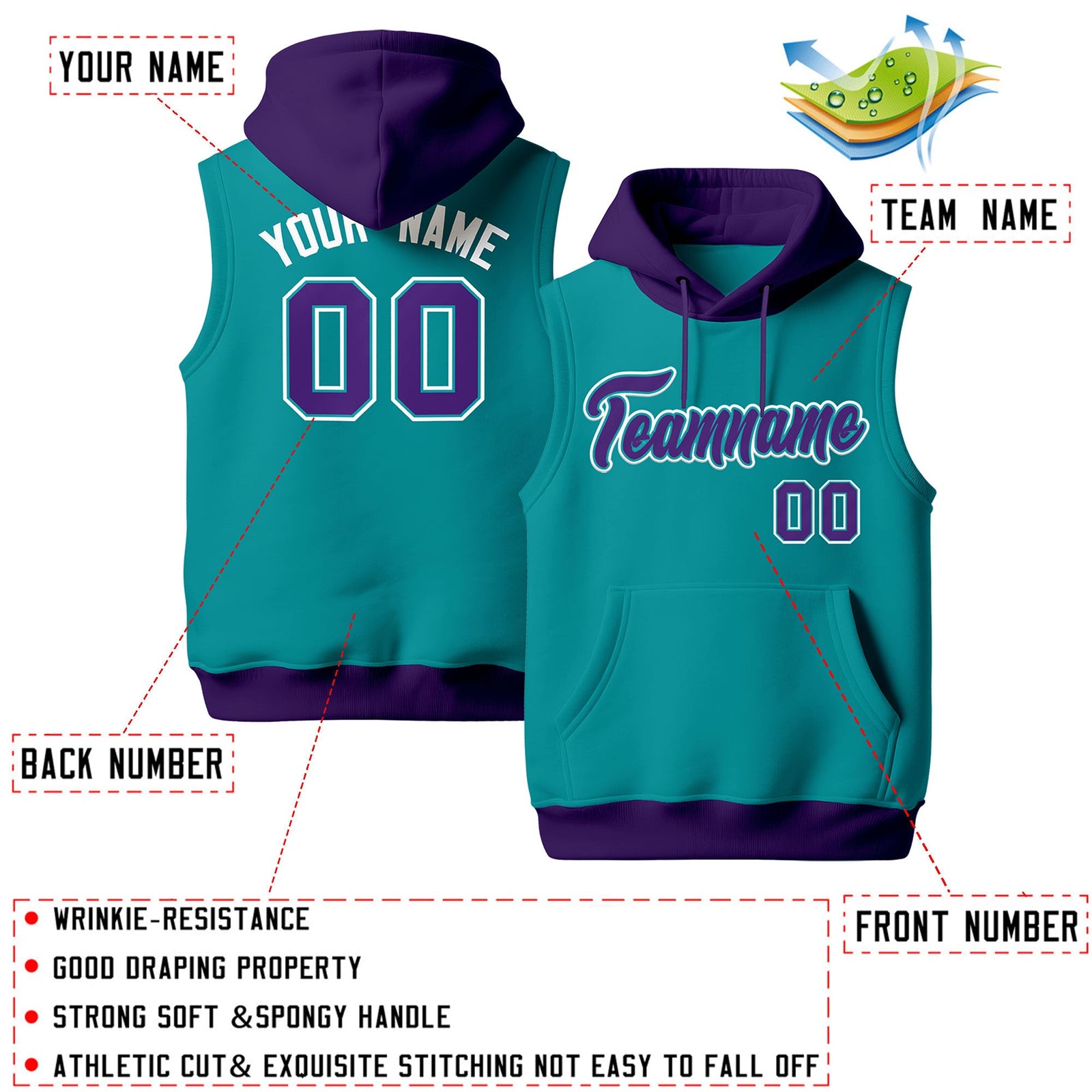 Custom Aqua Purple White sleeveless Classic style Hoodie| KXKSHOP