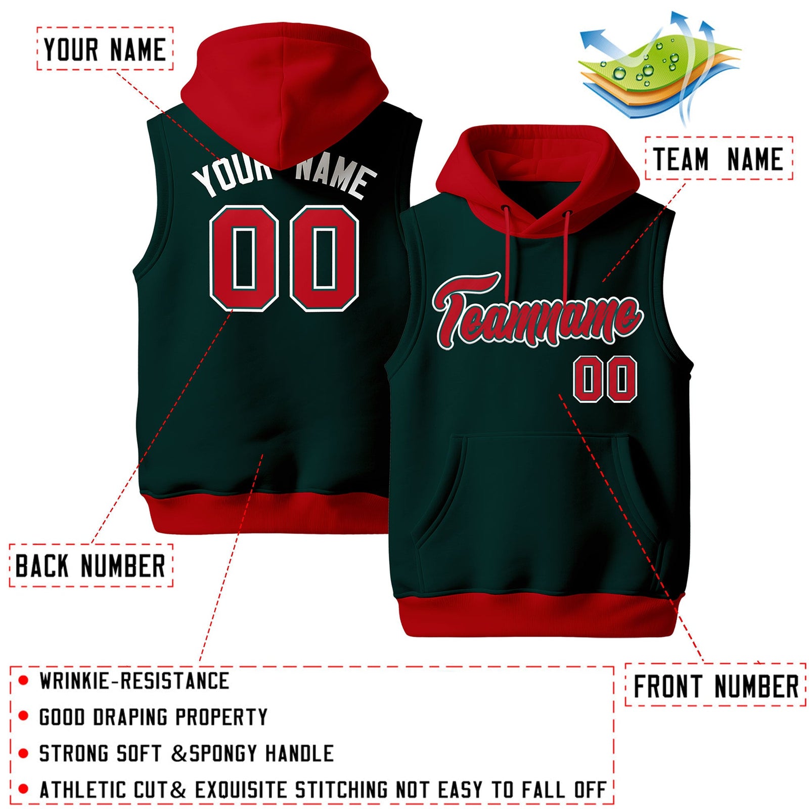 Custom Midnight Green Red White sleeveless Classic style Hoodie| KXKSHOP