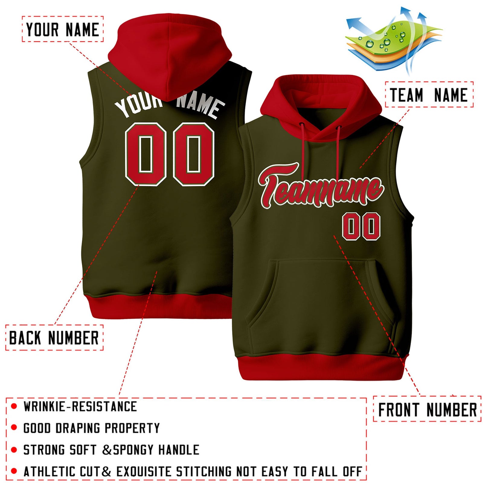 Custom Olive Red White sleeveless Classic style Hoodie| KXKSHOP