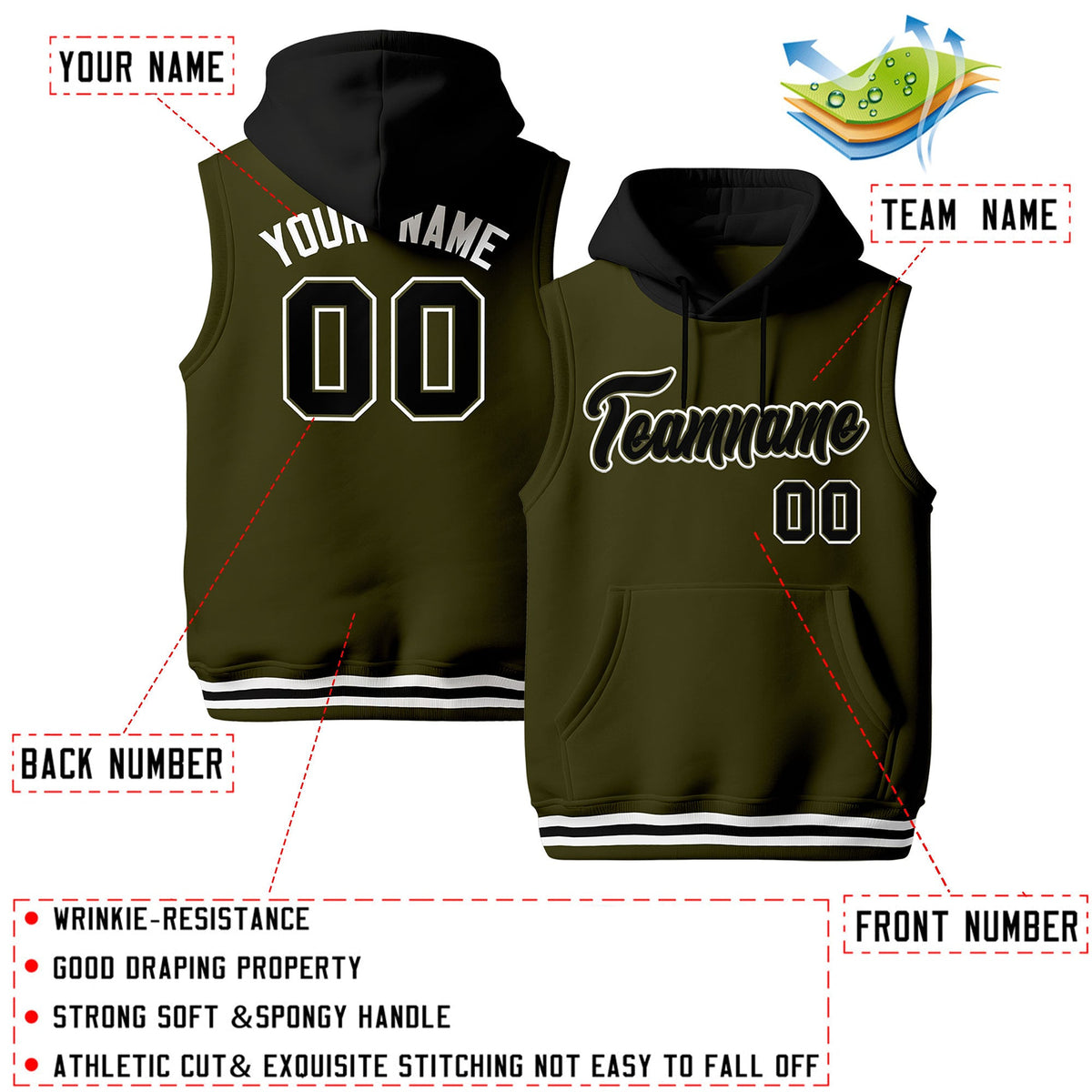 Custom Olive Black White sleeveless Classic style Hoodie| KXKSHOP