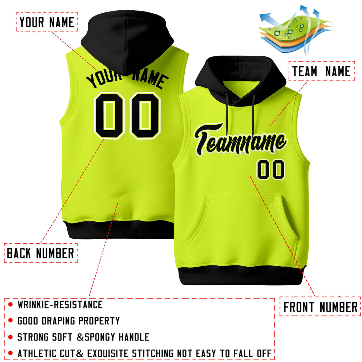 Custom Fluorescent Green Black White sleeveless Classic style Hoodie| KXKSHOP