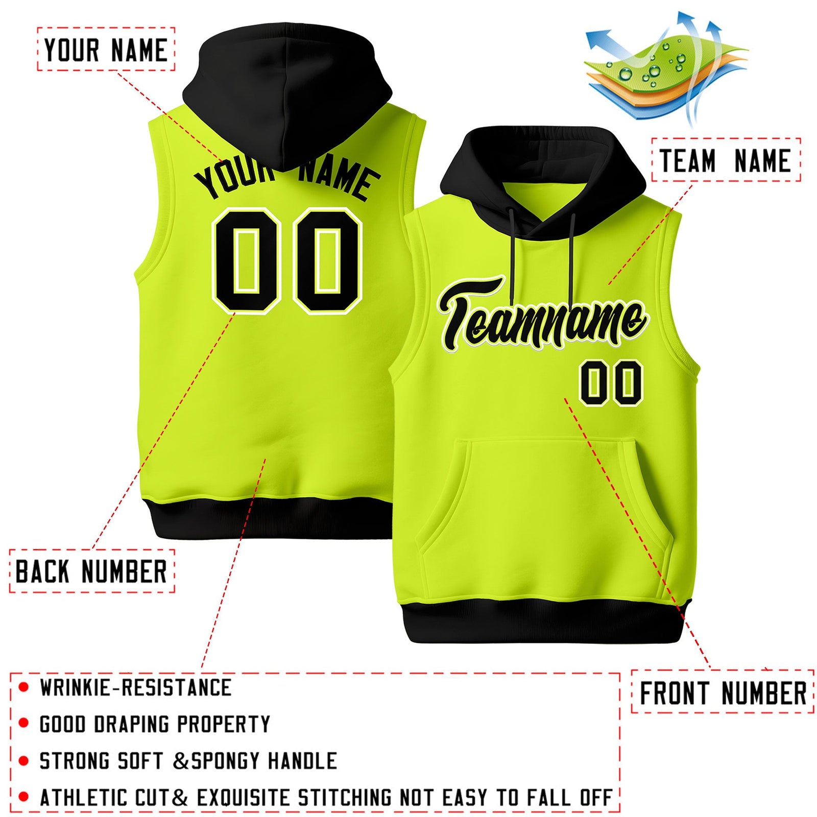 Custom Fluorescent Green Black White sleeveless Classic style Hoodie| KXKSHOP