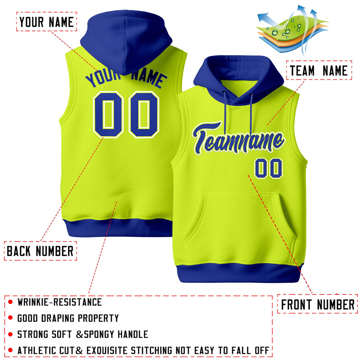 Custom Fluorescent Green Royal Blue White sleeveless Classic style Hoodie| KXKSHOP