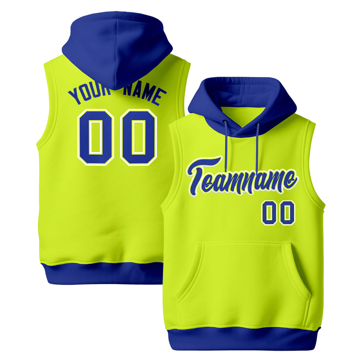 Custom Fluorescent Green Royal Blue White sleeveless Classic style Hoodie| KXKSHOP