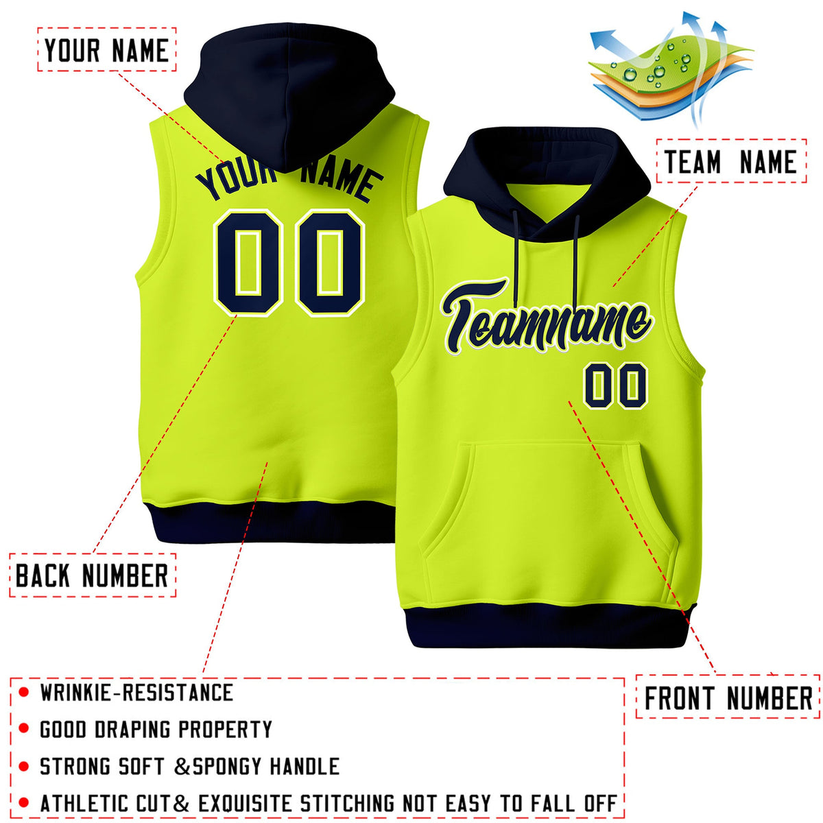 Custom Fluorescent Green Navy White sleeveless Classic style Hoodie| KXKSHOP