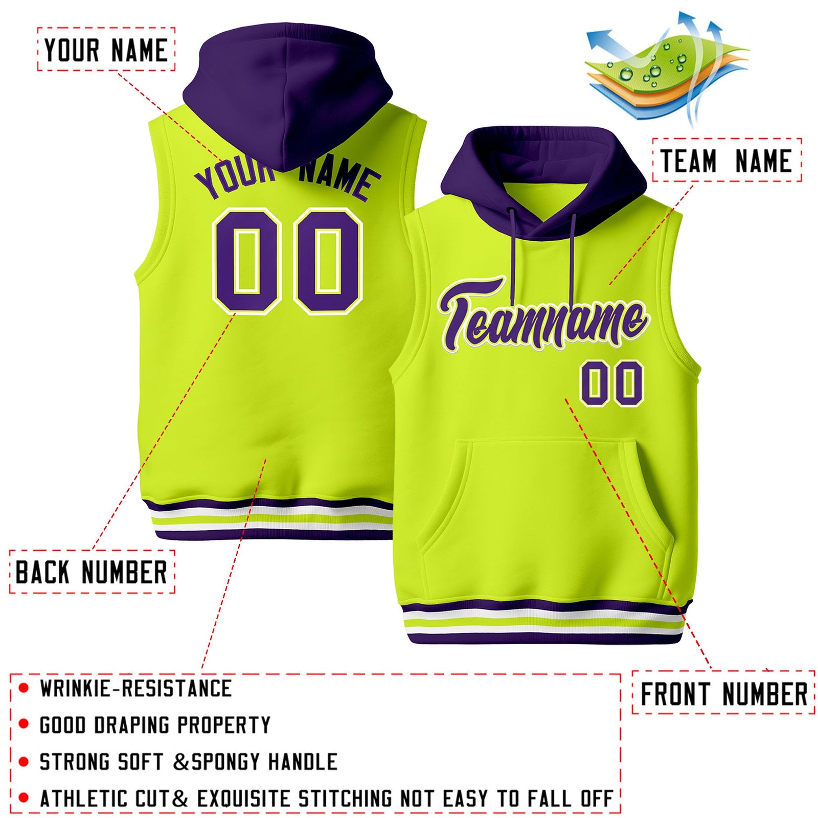 Custom Fluorescent Green Purple White sleeveless Classic style Hoodie| KXKSHOP