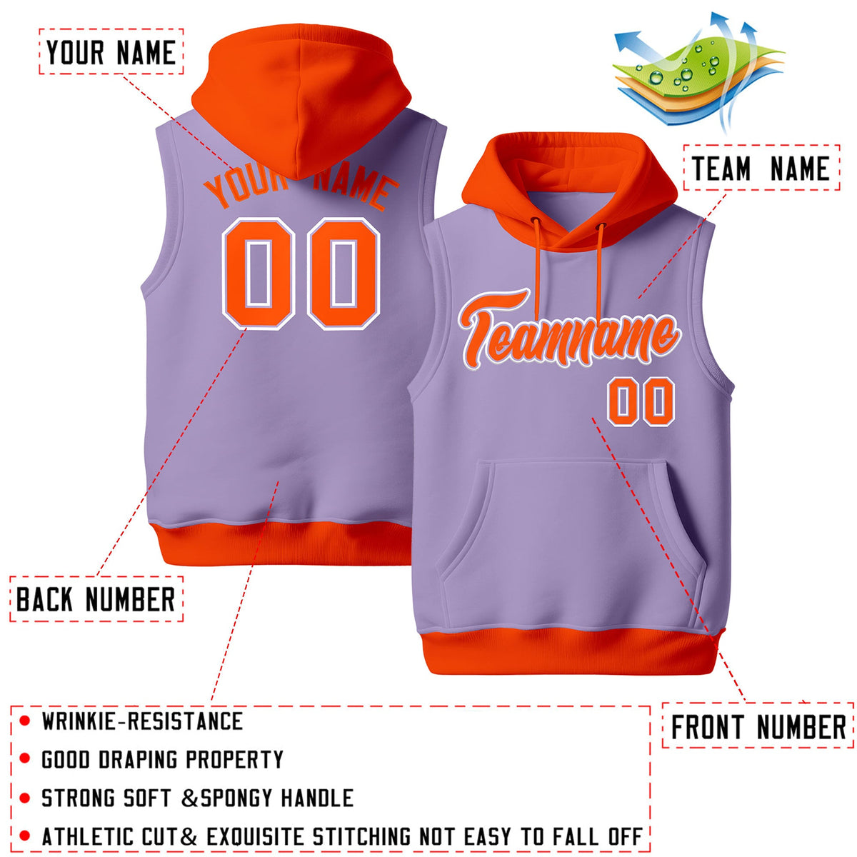 Custom Light Purple Orange White sleeveless Classic style Hoodie| KXKSHOP