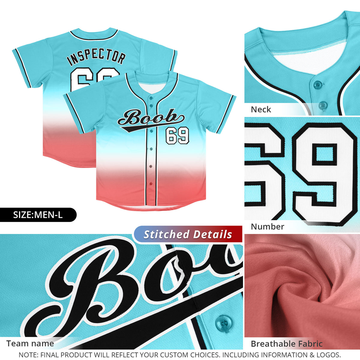Custom Aqua Light Red Black-White Gradient Fashion Authentic Baseball Jersey