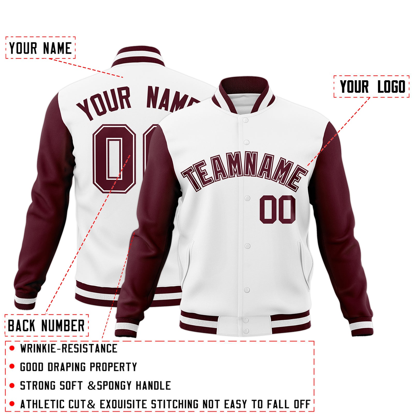 Custom White Crimson-White Raglan Sleeves Varsity Full-Snap Letterman Jacket