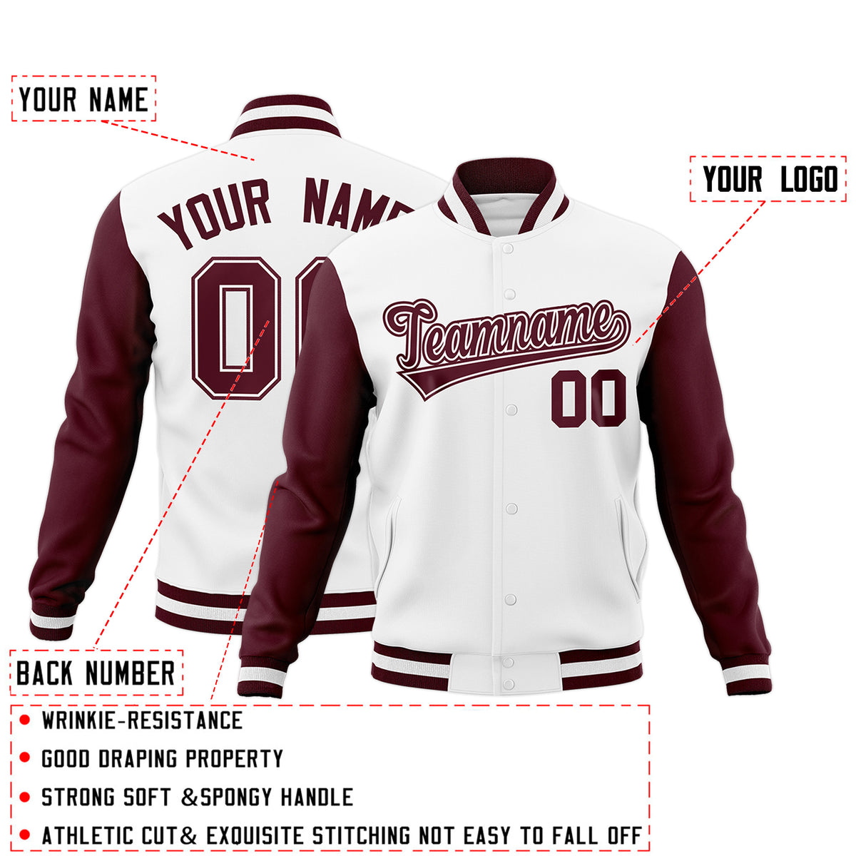Custom White Crimson-White Raglan Sleeves Varsity Full-Snap Letterman Jacket