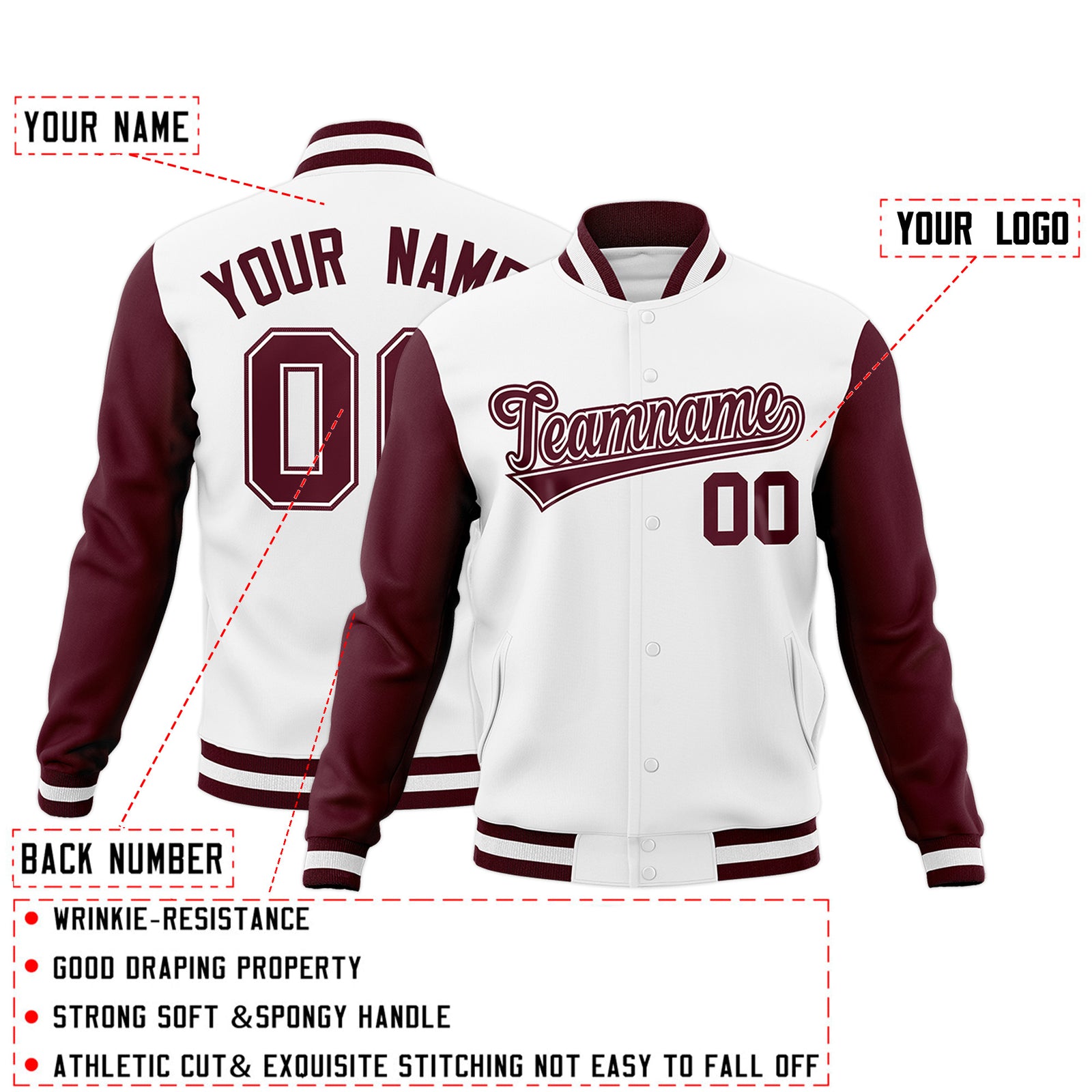 Custom White Crimson-White Raglan Sleeves Varsity Full-Snap Letterman Jacket