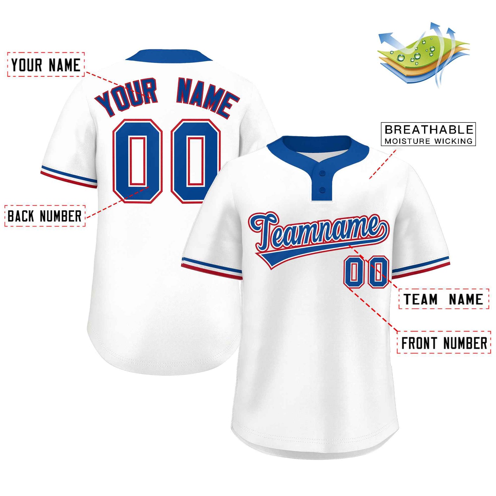 Custom White Royal-Red Classic Style Authentic Two-Button Softball Jersey